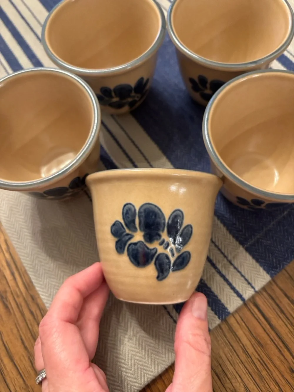 Vintage Pfaltzgraff USA Stoneware Set 5 Blue Floral Custard Juice Cups Tumblers